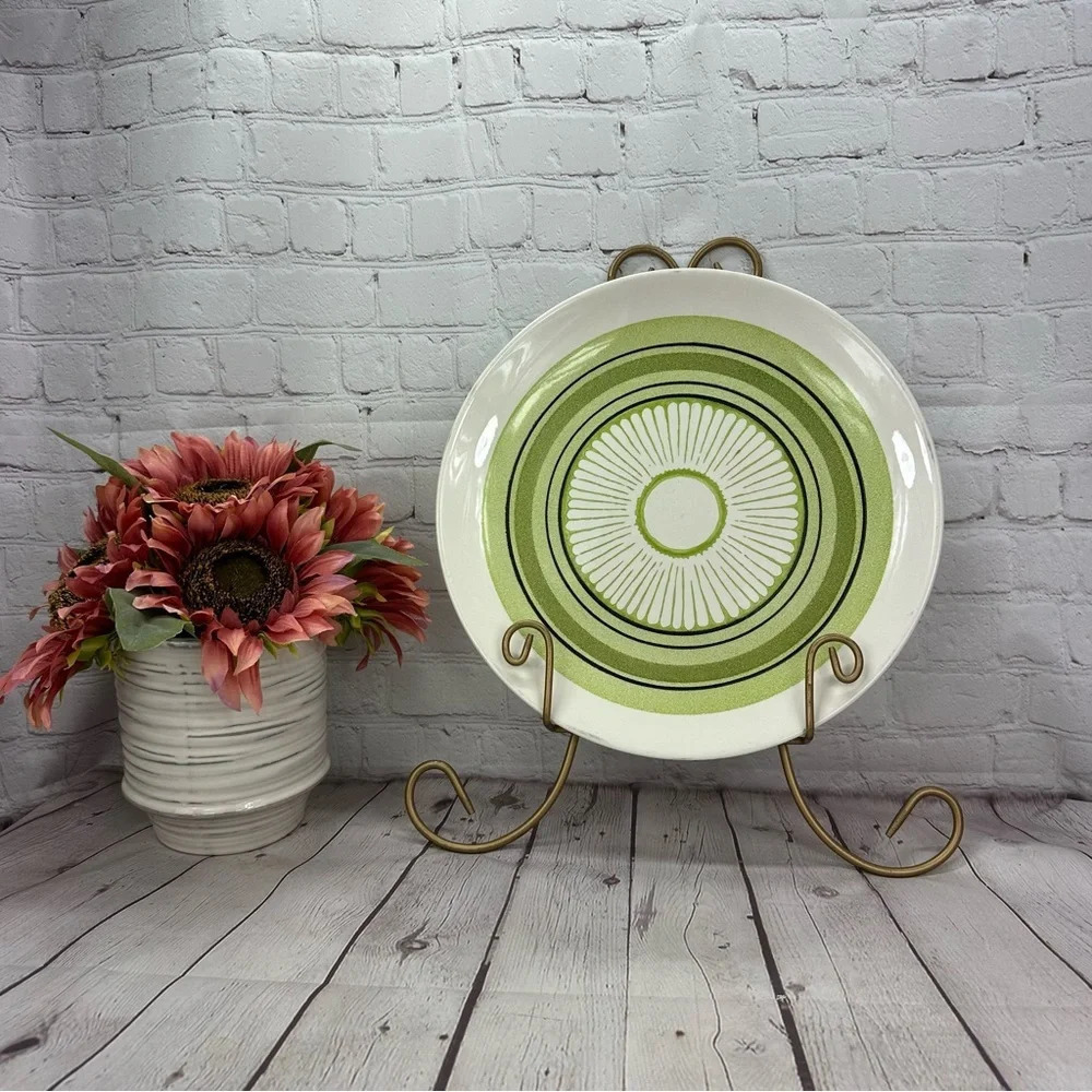 vintage 60s green flower serving platter cake plate made in USA